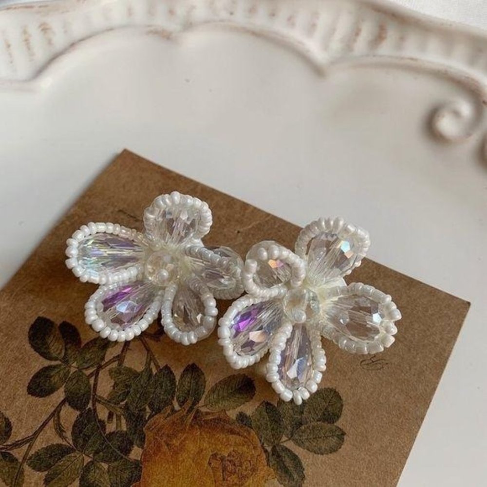 Handmade crystal floral earrings in white